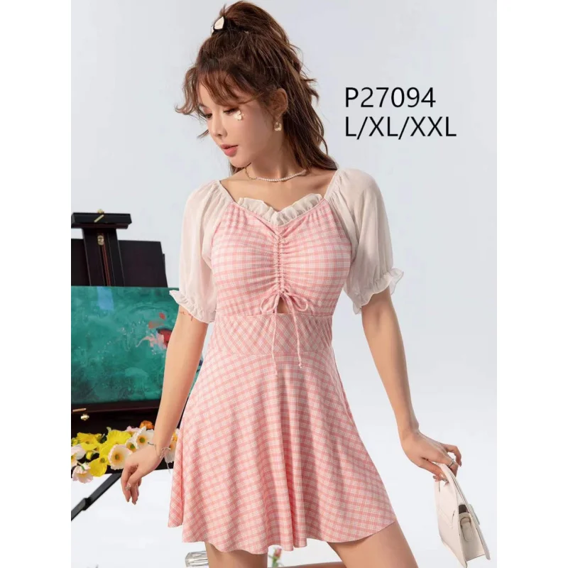 Minsu Swimsuit Women's Tummy Control Slimming One-Piece Skirt Style Super Fairy Sexy Student Conservative Small Chest Gathered H