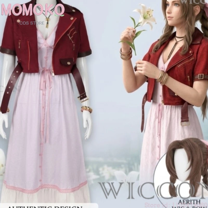 

MoMoKo Cos disfraz de Fansy VII Cosplay Game FF7 Aerith Gainsborough Cosplay Costume Aerith Coat and Dress Full Set Halloween Pa