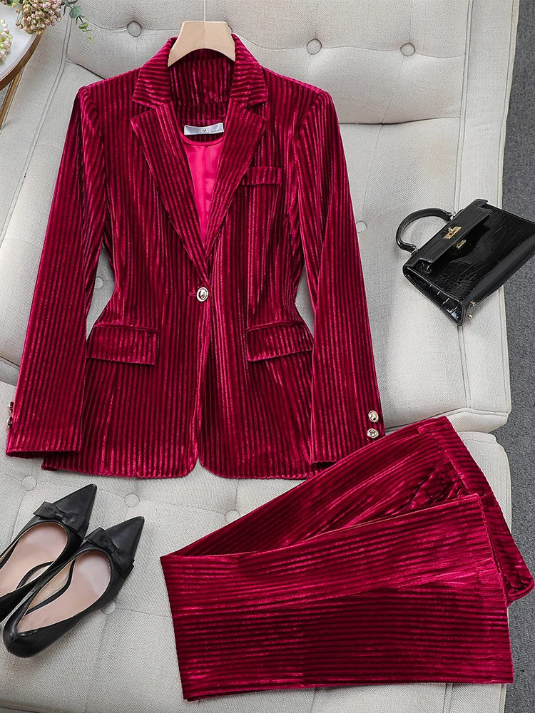 Fashion Red Green Black Blue Ladies Pant Suit Women Female Work Wear Formal Jacket Blazer and Trouser Striped 2 Piece Set