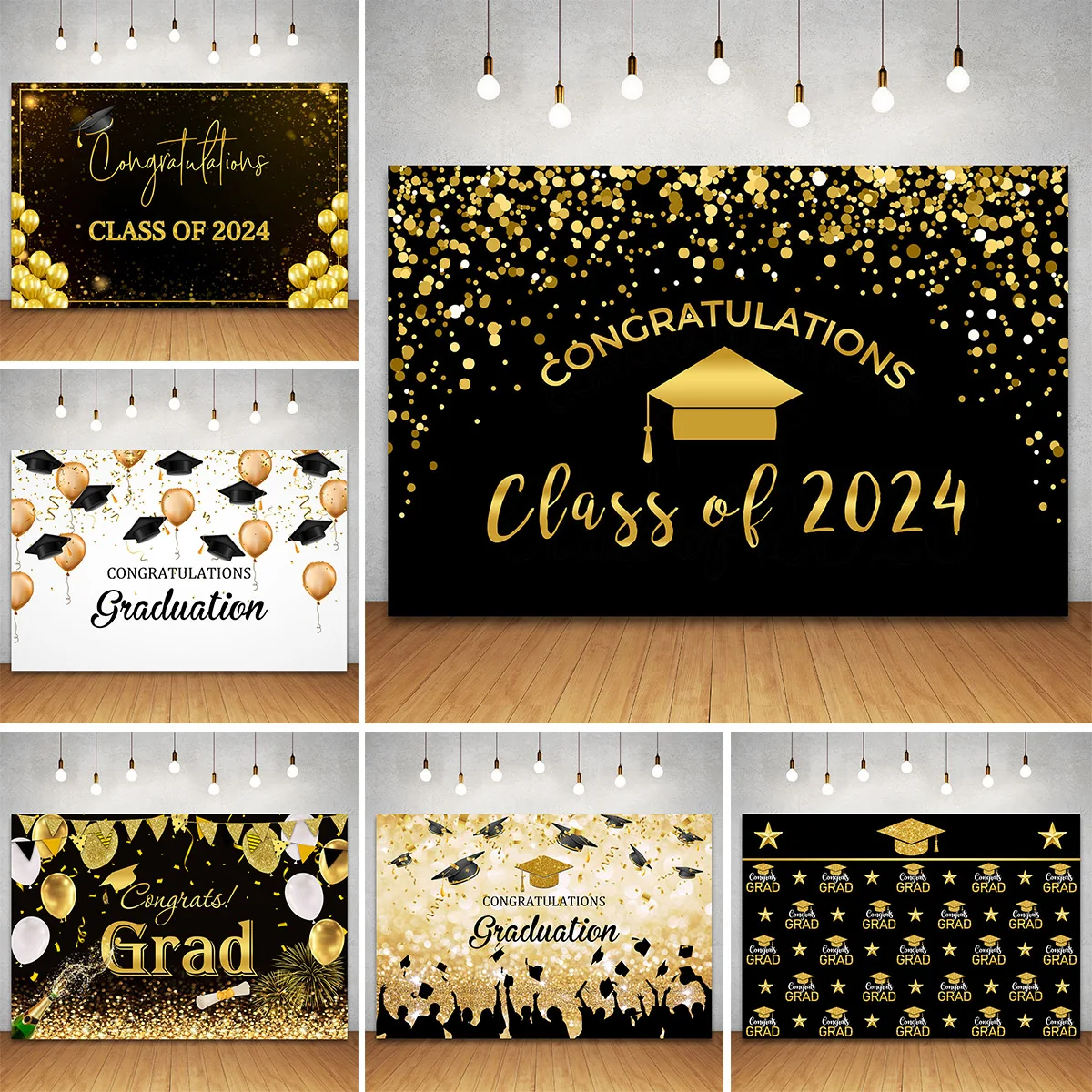 Happy Graduation Backdrop Congrats Grad Party Black and Gold Glitter Balloons Congratulations Graduates Photography Background