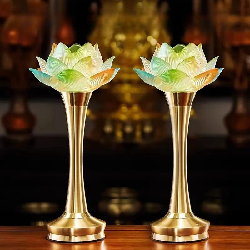 2pcs Glass LED Lotus Lamp Colorful Offering of Ever Burning Lamps Plug in Buddhist Hall Decoration Religious Ornaments Crafts