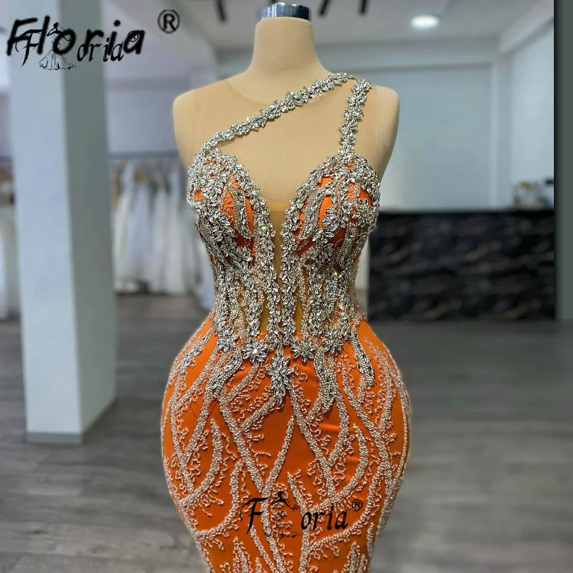 Sexy frisado laranja vestido de noite cristal árabe renda casamento vestido de noivado personalizado vestido de festa de baile cocktail robe de soiree