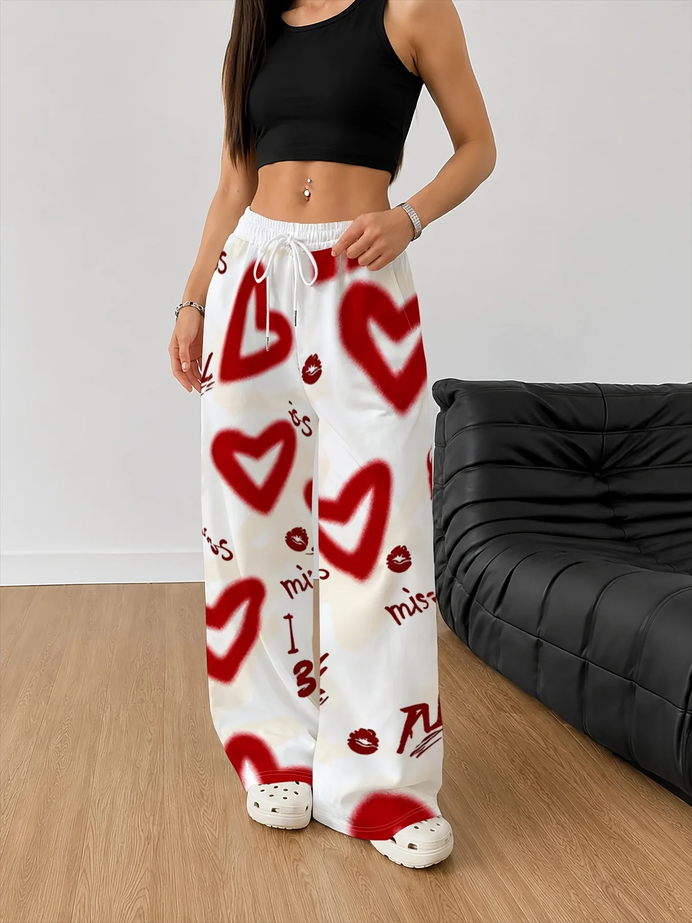 Unisex-Schnelltrocknende Hose mit geradem Bein, Damen- und Herrenmodell, mit Herzmuster, lässige Freizeithose, lockere Outdoor-Sport-Hose mit weitem Bein, Alternative. – Detail 5