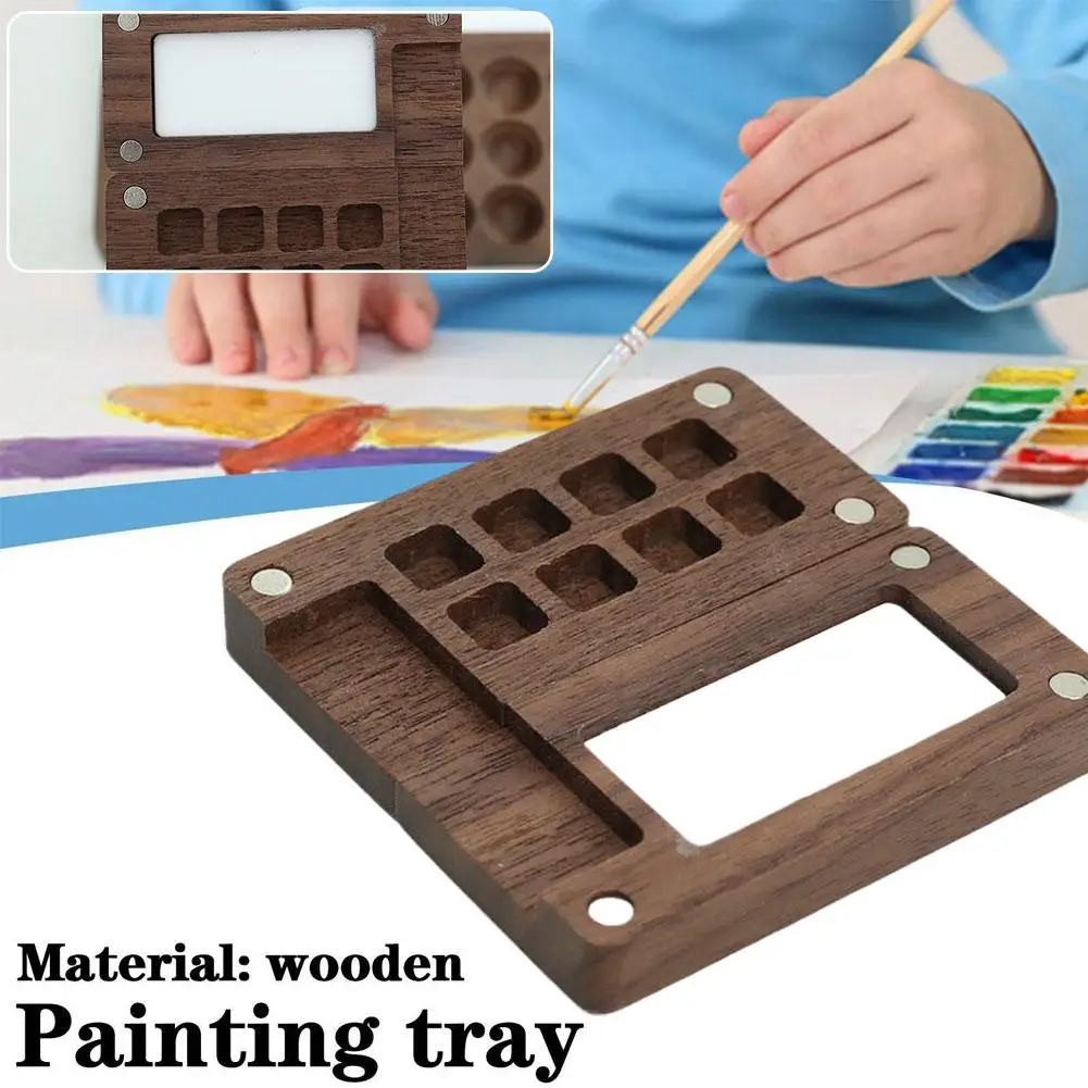 8 Grids Portable Wooden Handmade Watercolor Paint Box Palette Empty Black Mini Supplies Paint Walnut Box Painting