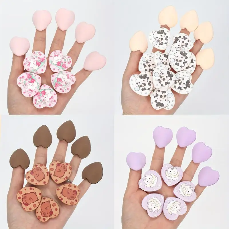 10Pcs Printed Heart Mini Finger Powder Puffs Expand When Exposed To Water, Can Be Used Both Wet And Dry