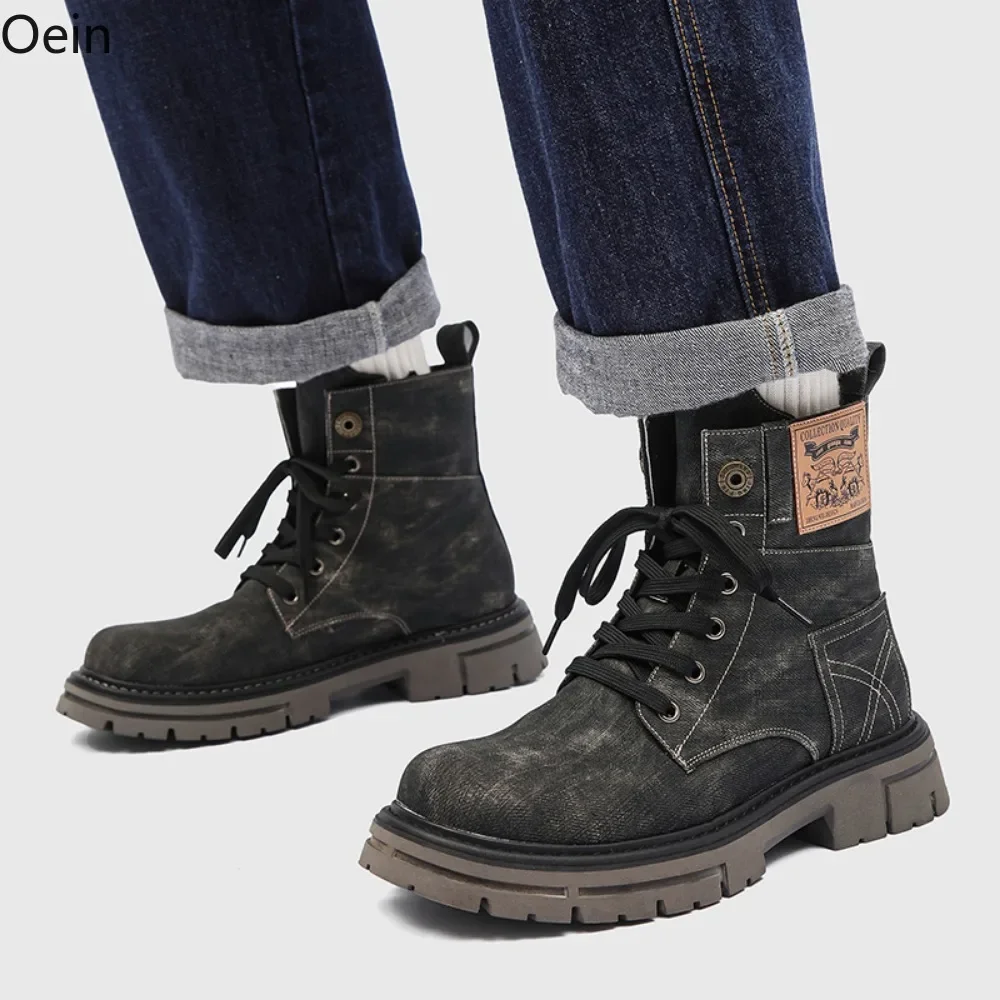 Mens Round Toe Denim Jeans Ankle Boots Platform Oxfords Lace Up Retro Shoes Punk Motorcycle Vintage New 2024