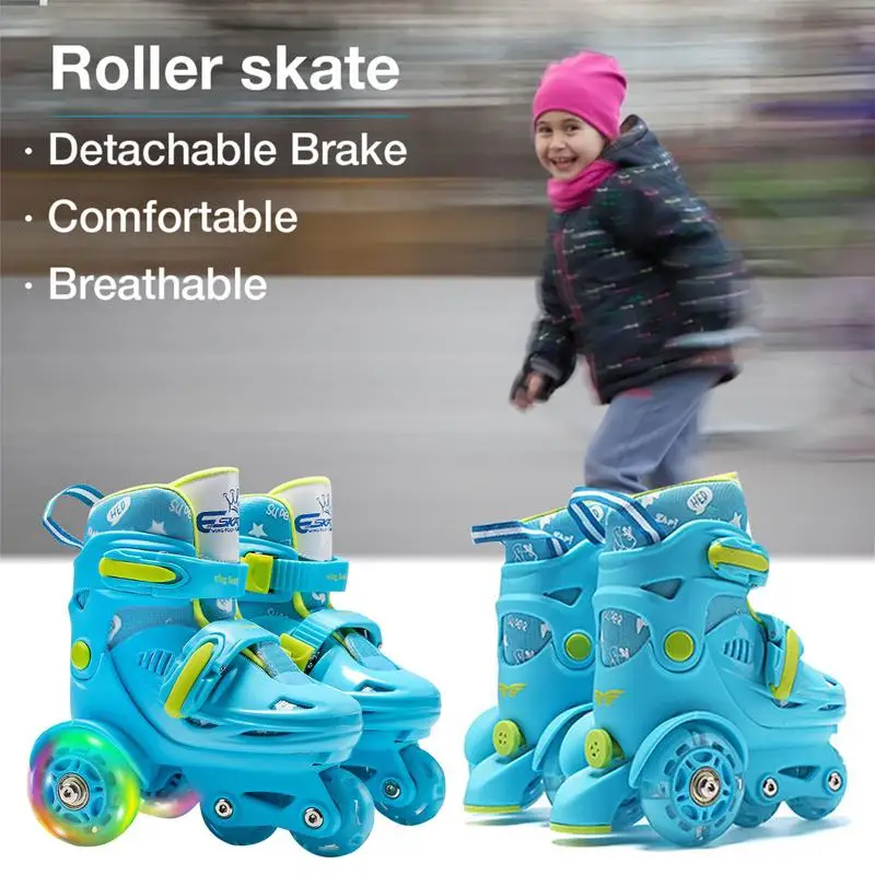 2-8 Kids Double-row Roller Skates Adjustable Elastic PU Inline Rollers Skates Double-shoe Brakes Safe Auxiliary Wheel Skate