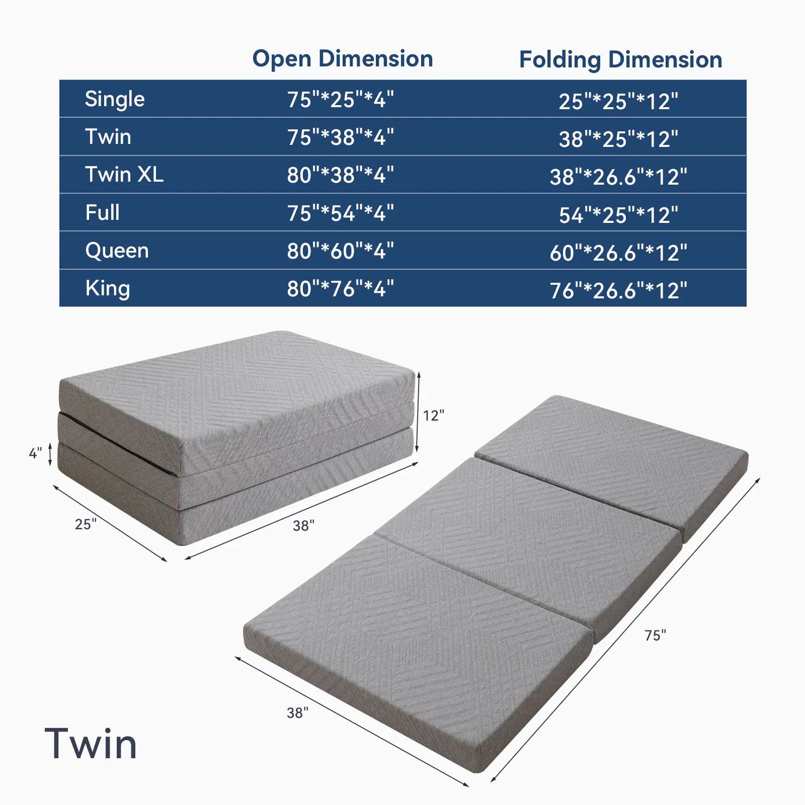 Hcore Folding Mattress, 4 Inch Foldable Memory Foam Mattress with Bag, Portable Mattress Topper for Floor, Camping, Guest