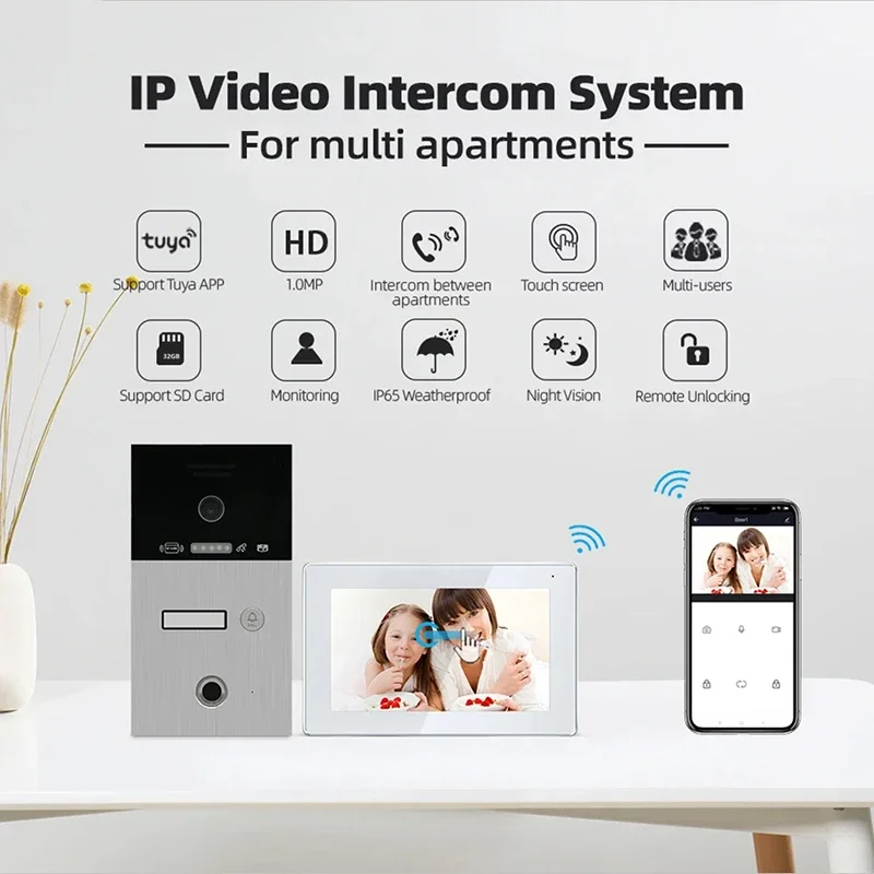 Jeatone Tuya 7-Zoll-Video-Türsprechanlage, Gegensprechanlage, Türklingel mit Fingerabdruck, RFID-Passwort, IR-Entsperrung, kabellose WiFi-Türklingel