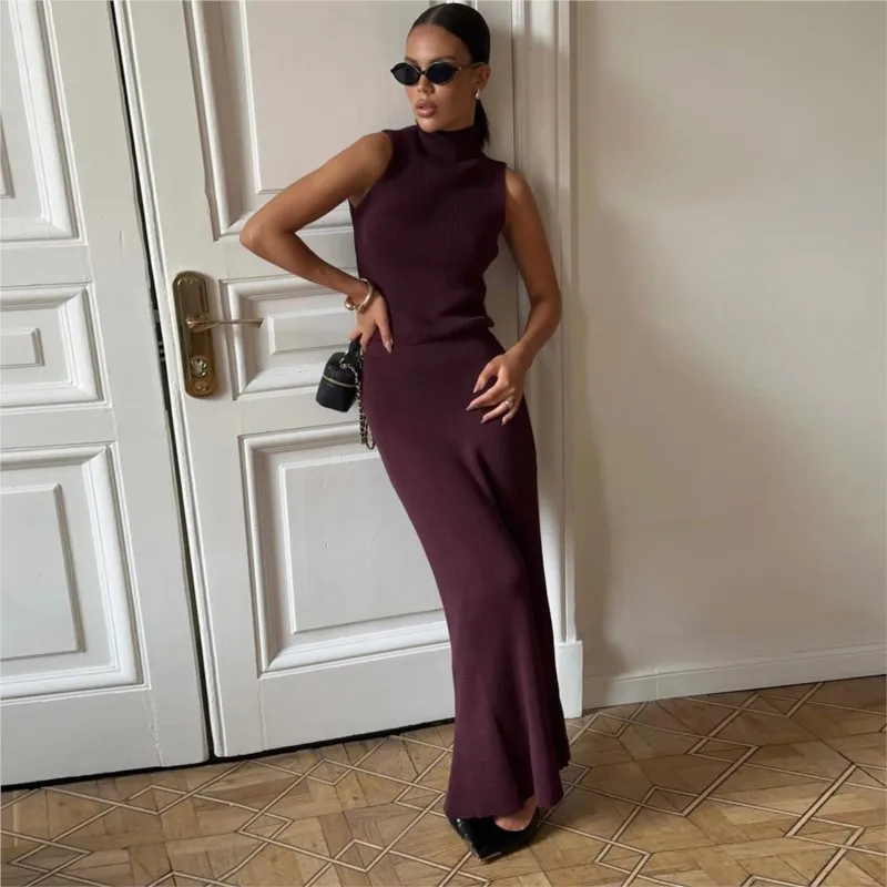 

Knitted Two Piece Outfits Sleeveless Two Piece Set Woman New In Matching Sets Solid Color Slim Package Hip High Neck Temperament