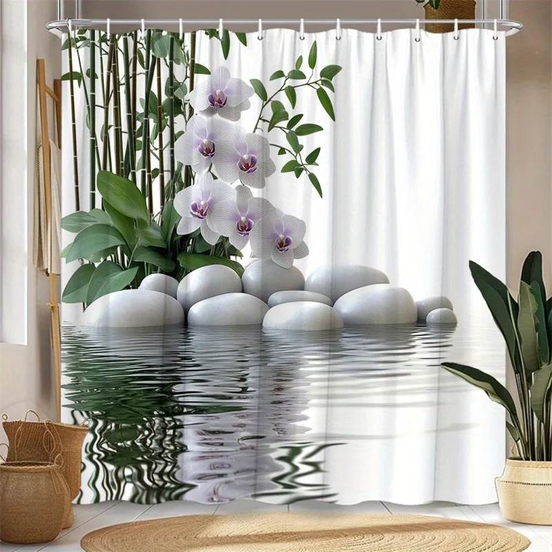 1pc Zen Pond Shower Curtain, Serene Water Reflection White Pebble Bamboo Pattern, With Hooks, Machine Washable