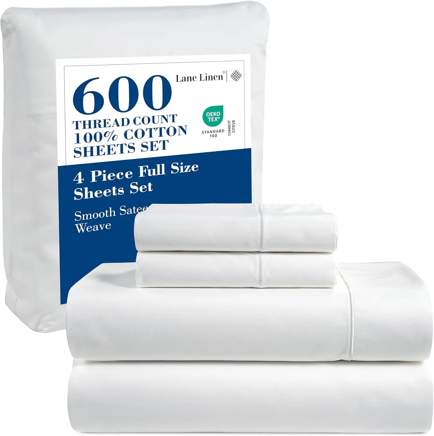 

600 Tc 100% Cotton White Sheets Set Full Size, Fully Elasticized Cotton Hotel Style Thi Full Bedsheets, Soft Silky Sateen Weave