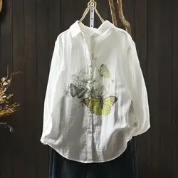 2026 Women's Cotton Yarn Vintage Butterfly Print Shirt Japanese Style Casual Loose Long Sleeve Cotton Blouse Lady Tops