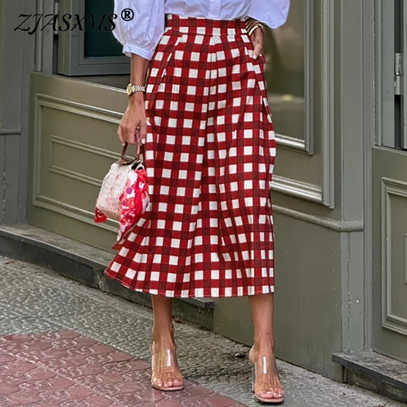 Spring Fashion Plaid Print Commute Skirts for Woman Elegant High Waist A-Line Long Skirt 2025 Summer Casual Female Short Dresses