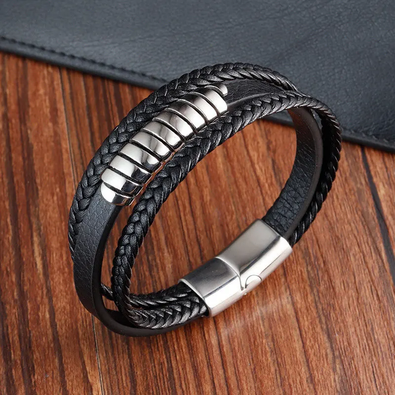 Simple Stainless Steel Jewelry Trend 2024 Genuine Leather Multi-Layer Woven Black Bangle Luxury Men Palestine Boyfriends Gifts