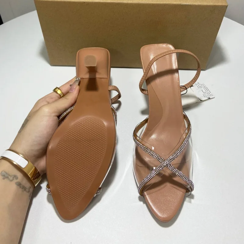 Summer Fashion Women High Heels Sandals Pointed Shiny Rhinestones Transparent PVC Open Toe Sexy Slingback Shoes for Female