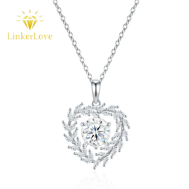 

LinkerLove S925 Silver Moissanite Heart Pendant Necklace 2CT Diamond Vine Halo Design Moon Pendant Necklace for Women Jewelry