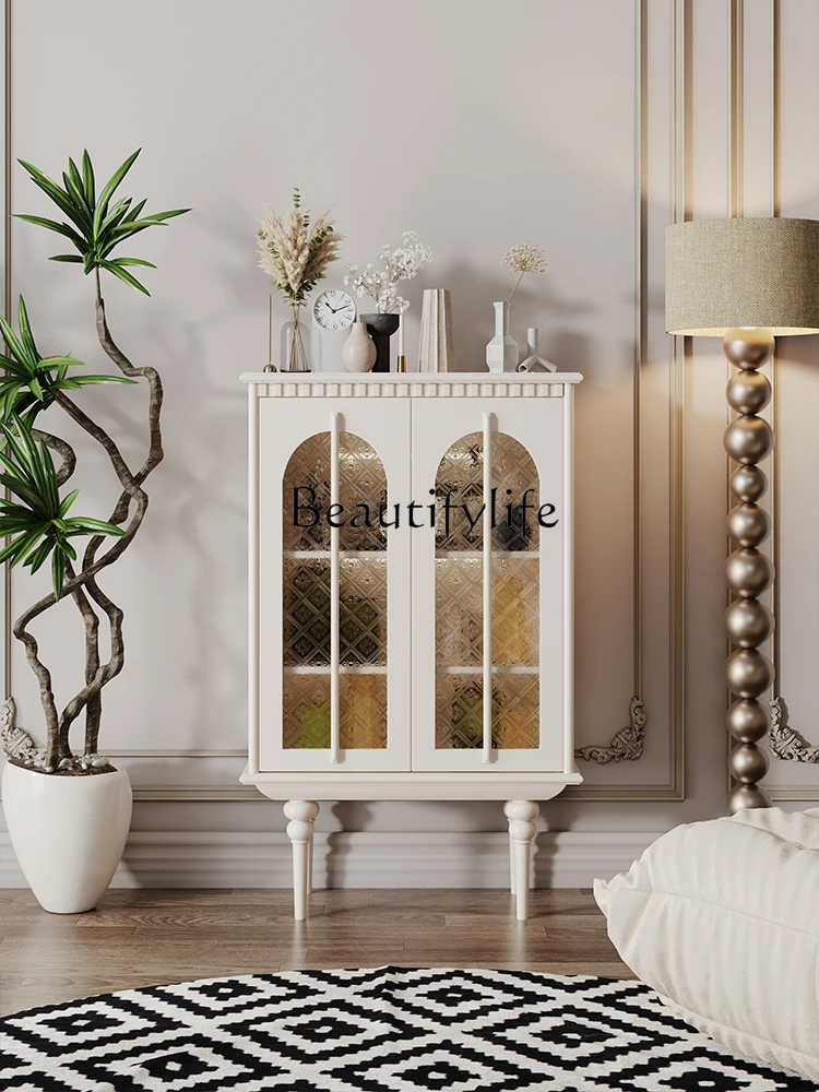 Vintage Style Sideboard Cabinet Light Luxury Solid Wood Living Room Induction Lamp Glass Door Wine Cabinet Entrance Cabinet