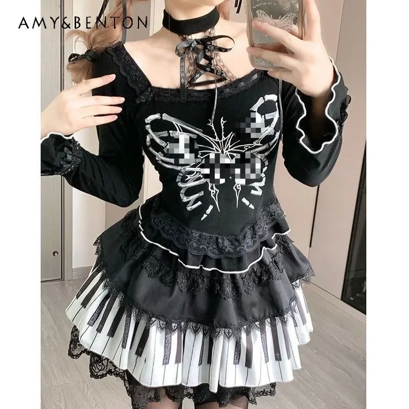 2024 Japanese Punk Medieval Black and White Piano Keys Polka Dot Lace Subculture Cake Skirt For Girl