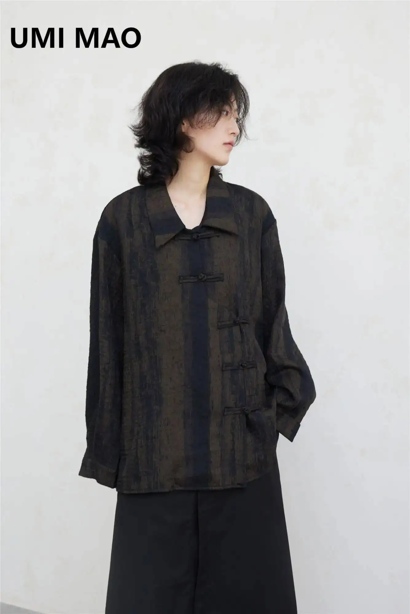 

UMI MAO Yamamoto Dark Top Autumn Winter New Chinese Texture Pattern Ink Lapel Long Sleeved Men's Women's Shirts Retro Zen Shirt