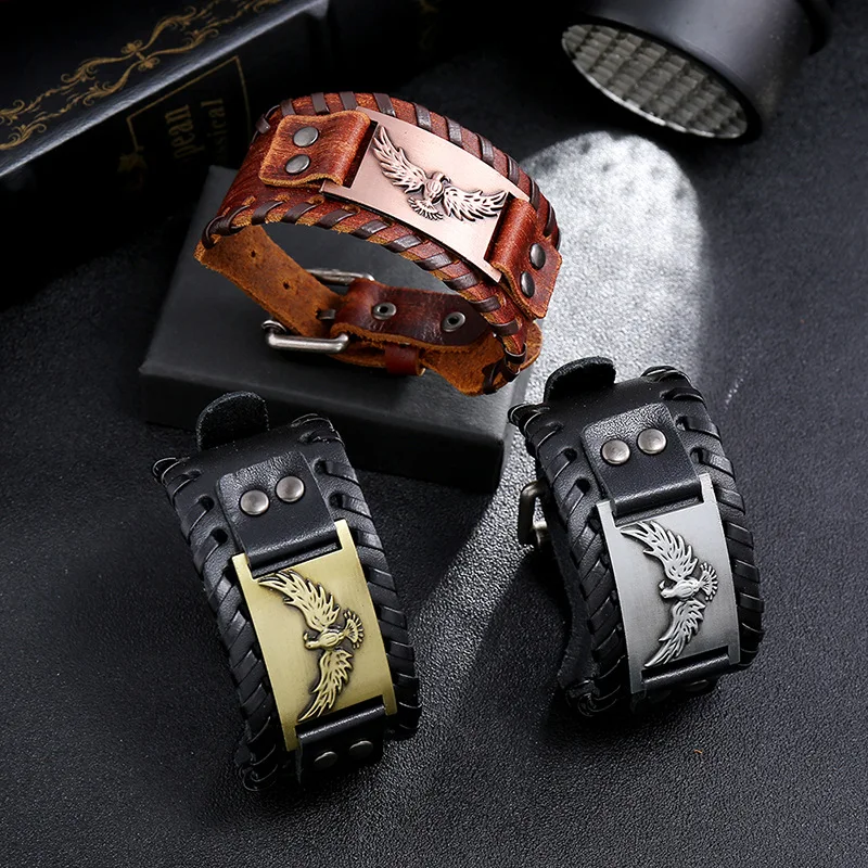 Pulsera Retro de piel ancha para hombre, brazalete de runa de Odi, diseño de águila, joyería celta vikinga, regalos de fiesta, novedad