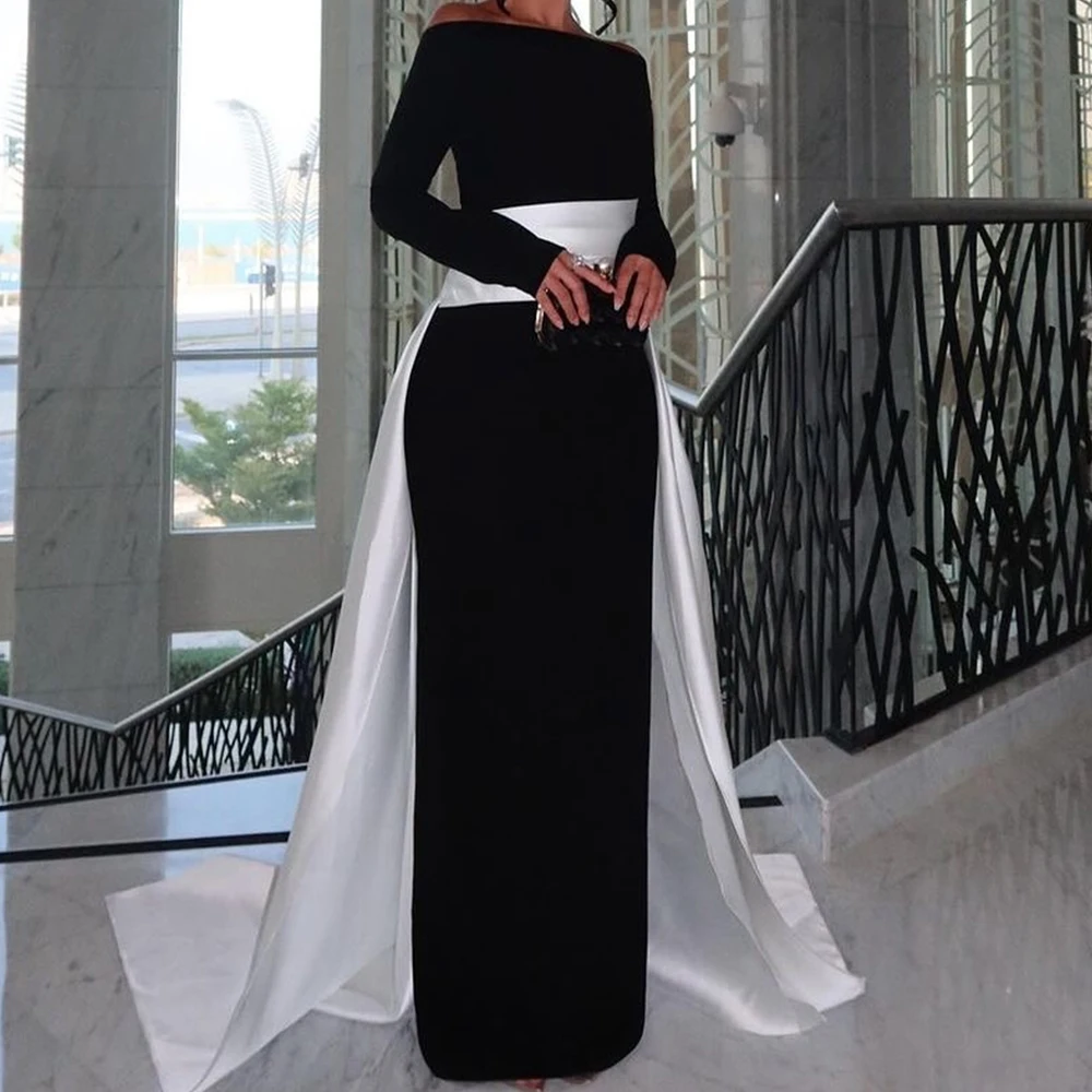 

Customized Temperament Contrast Color Off the Shoulder Jersey Evening Dress Formal Boat Neck Long Sleeves Straight Prom Dress