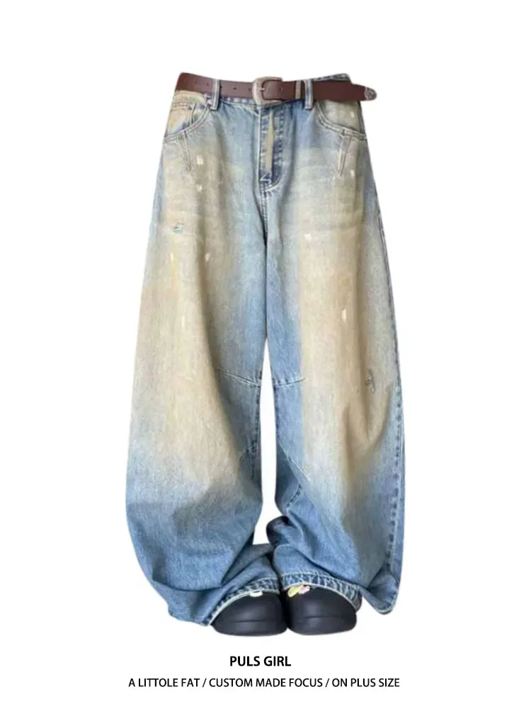 

Женские джинсы с высокой талией и широкими штанинами, свободные, струящиеся, с эффектом потертости, окрашенные в цвете грязи, в американском стиле, больших размеров, повседневные брюки