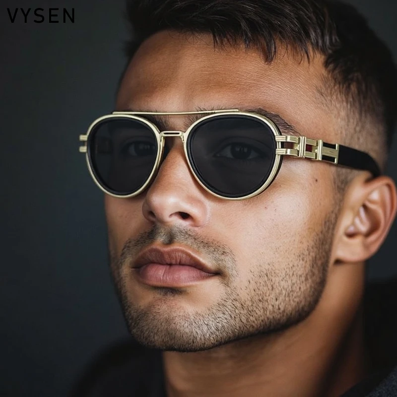 

Punk Oval Sunglasses Men 2025 Luxury Brand Vintage Steampunk Double Beam Metal Frame Sun Glasses For Male Driving Outdoor UV400