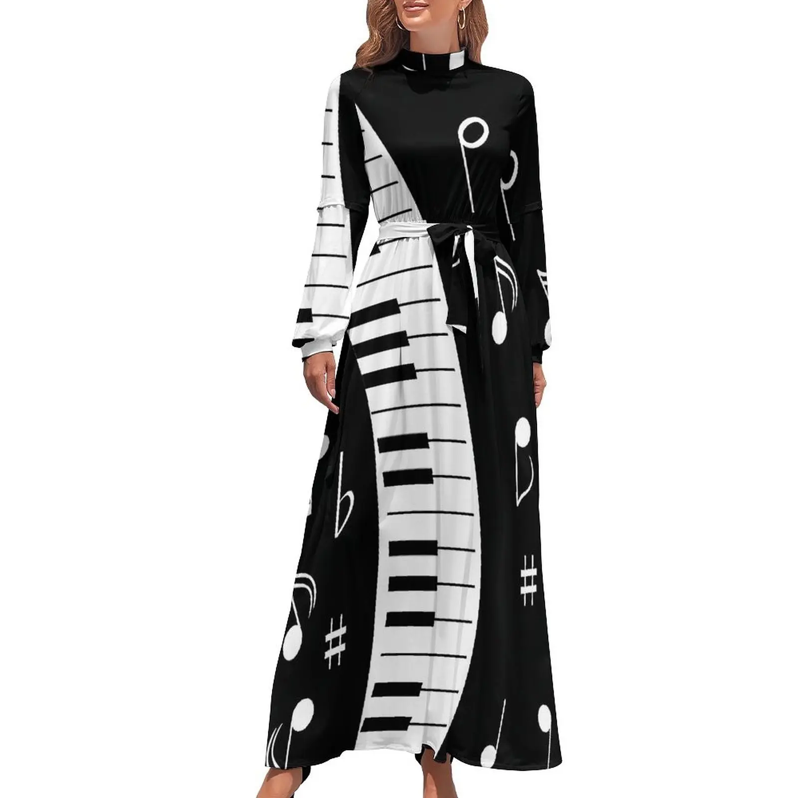 Retro Music Note Dress White And Black Cute Custom Maxi Dress High Waist Long Sleeve Street Style Beach Long Dresses