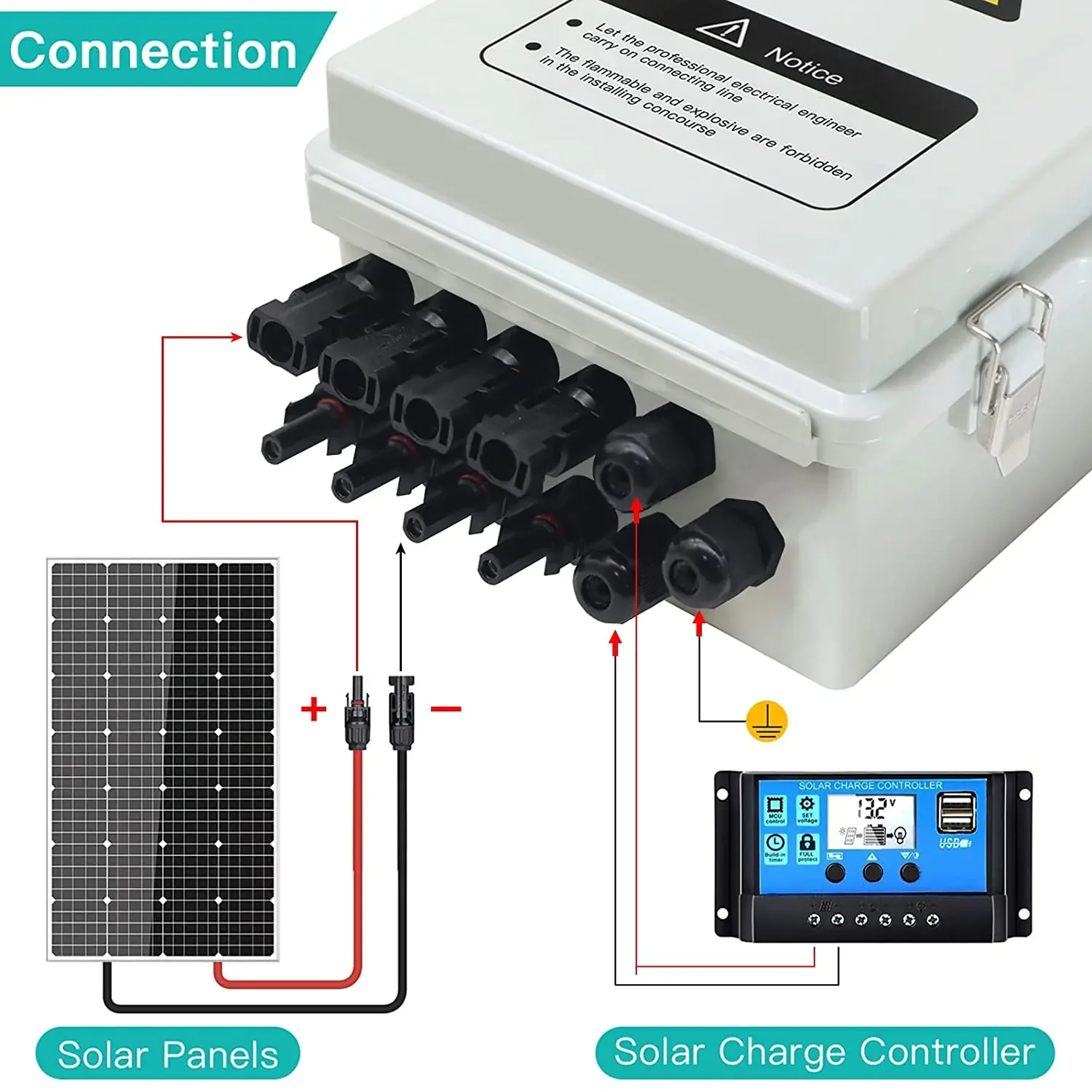 กล่องคอมไบเนอร์ PV 4สายสำหรับพลังงานแสงอาทิตย์พร้อมสายจับฟ้าผ่าที่วางฟิวส์และที่63A IP65 MCB กันน้ำสำหรับระบบกริดเปิด/ปิด