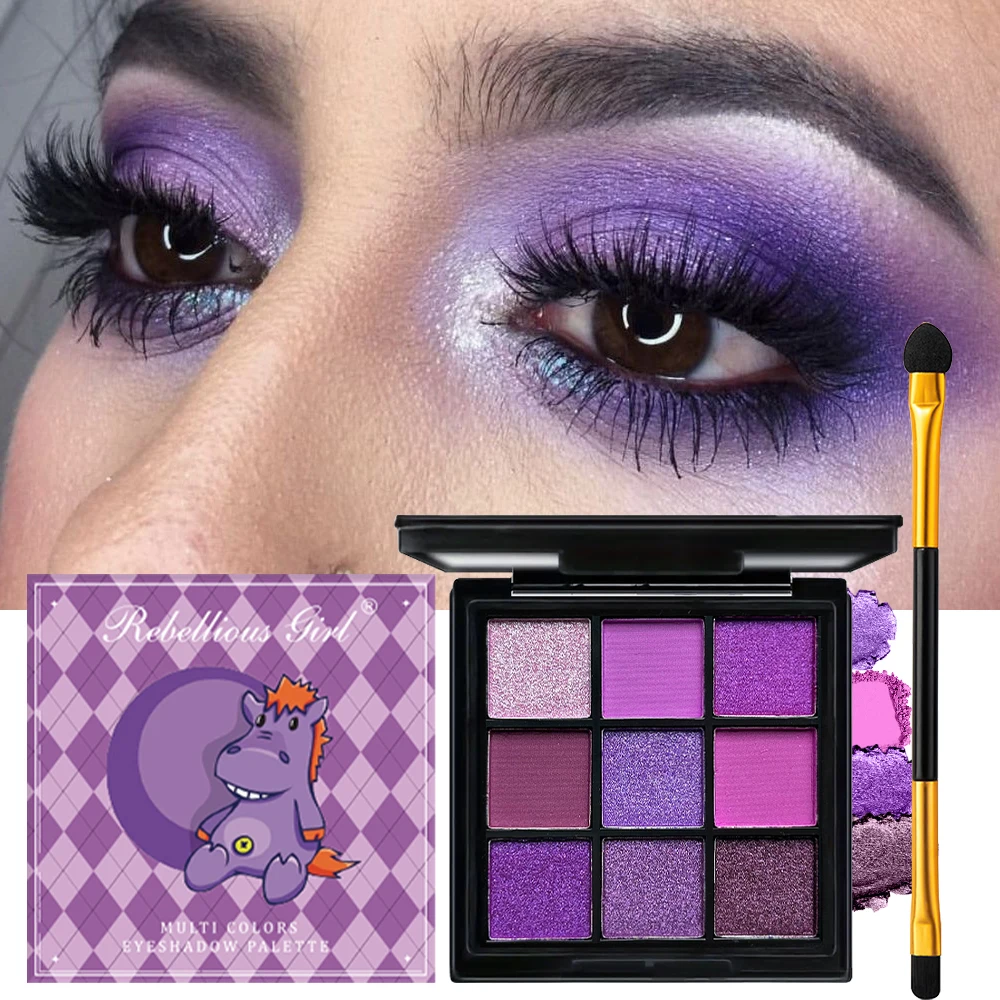 9-kleuren paars oogschaduwpalet met gratis penseelset met twee uiteinden - rijke matte glans- en glittertinten voor dagelijkse make-up en feestmake-up