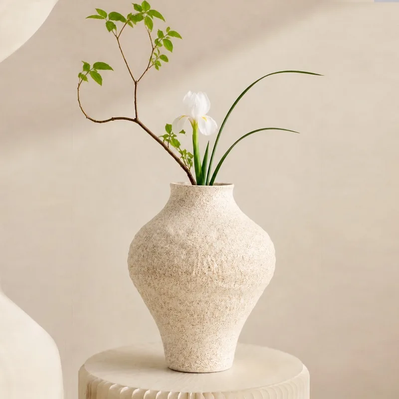 Ceramic big-bellied vase retro coarse pottery beige flower ware simple and elegant style living room decoration