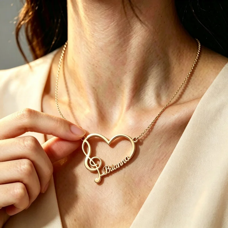 Personalized Music Name Necklace Custom Hollow Heart Nameplate Pendant Gold Color Chain Ladies Musical Theme Jewelry Gift