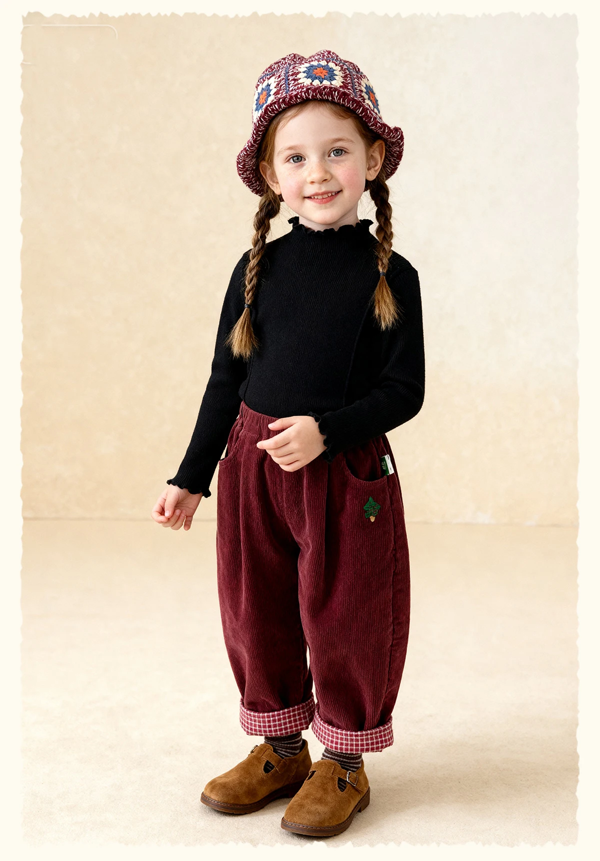 Amila Kids 2026 Winter Mädchen Strickshirt Top Grau Rosa Reisrot Schwarz Rüschen Halbhoher Kragen Weich Nicht hautverletzend – Detail 9