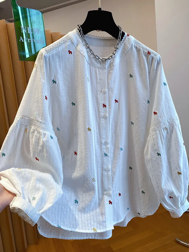 

Ladies' Cotton Linen Shirt Embroidered Long Sleeve Loose Fit Summer Thin Style Lantern Sleeve Blouse Breathable Skin-Friendly