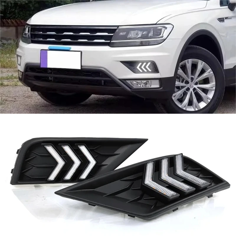 

For VW Volkswagen Tiguan L 2017-2021 Car Led Daytime Running Light Front Fog Lamp Yellow Dynamic Turn Signal DRL Night Blue