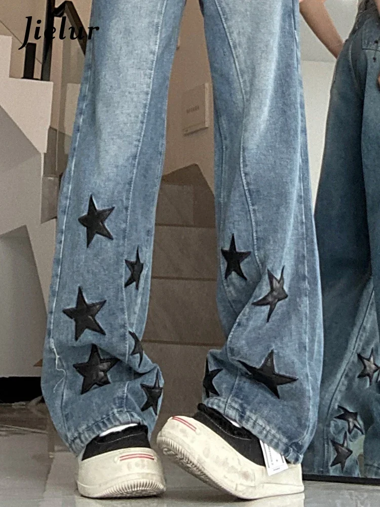 Jielur Stars Printed American Style Female Jeans Summer New Straight Fashion Ins Women's Wide Leg Pants Chic Streetwear Jeans