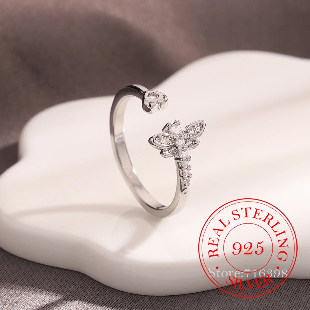 

925 Sterling Silver Sparkling Crystal Dragonfly Adjustable Finger Rings For Women Money 925 Wedding Party Jewelry Gift