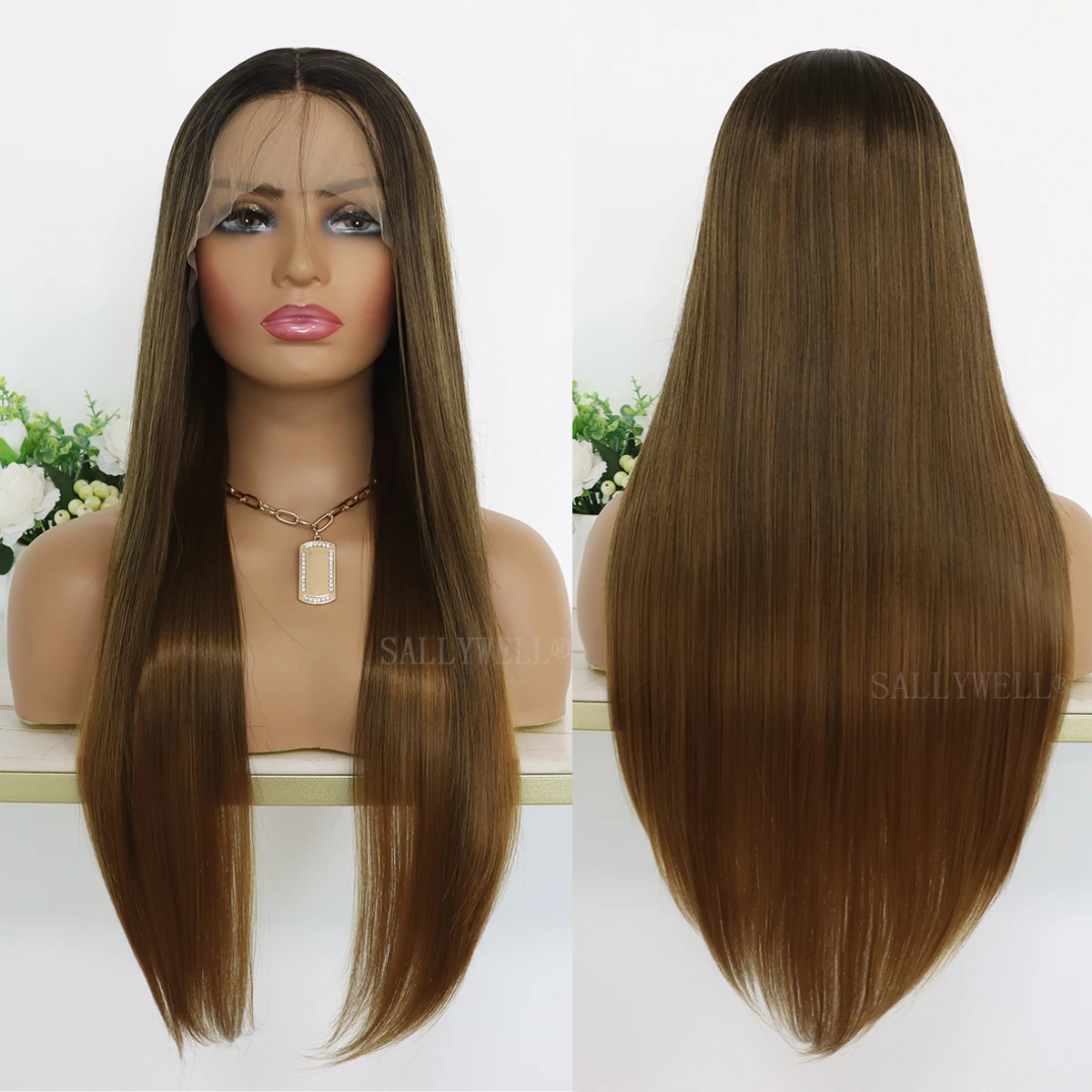 Long Straight Dark Brown Wigs for Women Synthetic Lace Front Wig Ombre Brown Glueless Heat Resistant Fiber Hair Wig