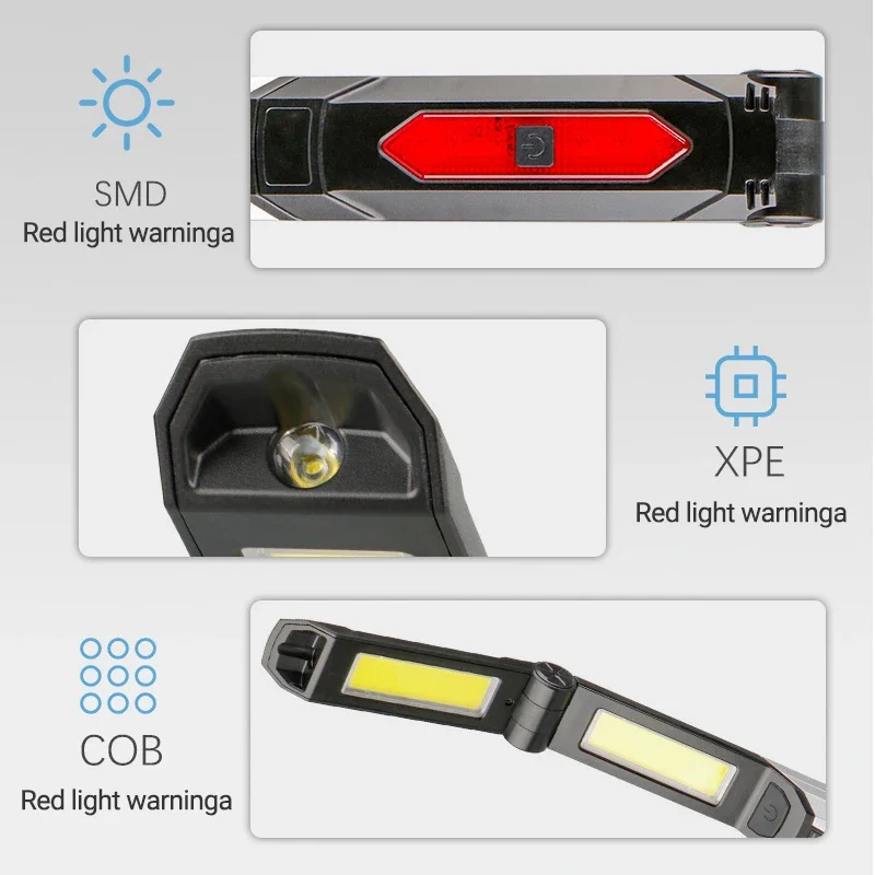 Luces de trabajo LED COB portátiles, batería integrada, linterna recargable por USB con gancho magnético, linterna plegable para acampar al aire libre