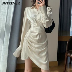 BGTEEVER Elegant Lapel Satin Shirt Dress for Women Long Sleeve Slim Waist Female Mini Dress Spring Summer Ladies Vestidos