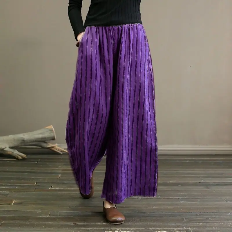 2024 New Spring and Summer Vintage Fashion Versatile Casual Loose Cotton and Hemp Stripe Nine Split Wide Leg Pants for Women