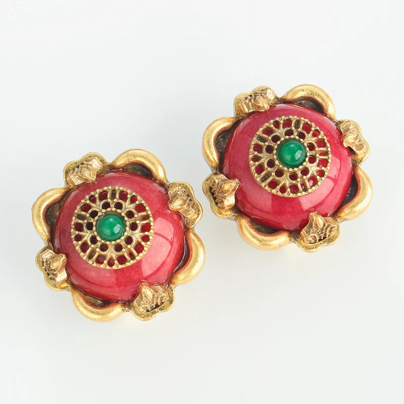 Vintage Round Red Natural Stone Stud Earrings For Women Jewelry Crystal Retro Antique 2025 Trend Classic Elegance New In Gift