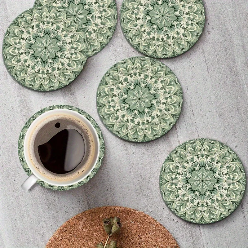 Light Green Mandala Flower Pattern Round 2D Wooden Beverage Coaster Home Decor Dining Table Mat Festival Housewarming Party Gift