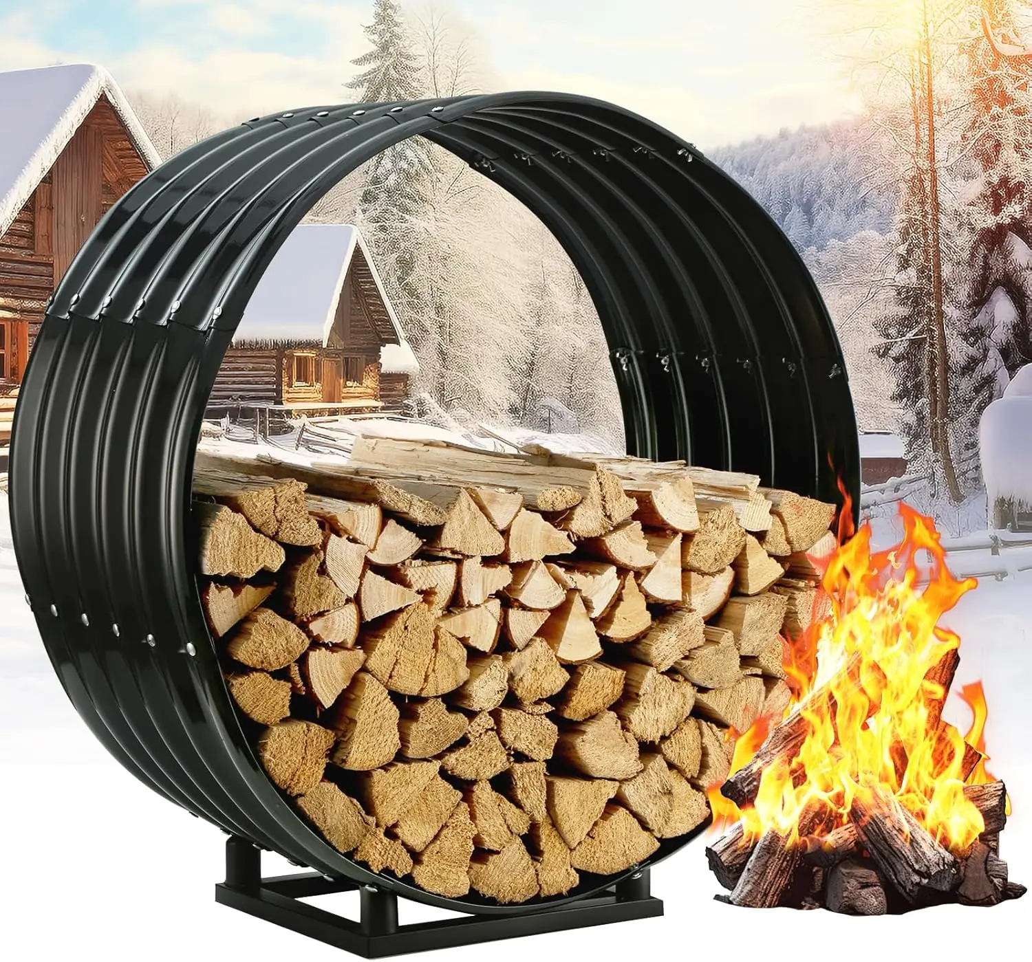 Indoor & Outdoor Galvanized Steel Firewood Rack with Cover, 400Lbs Capacity, Waterproof