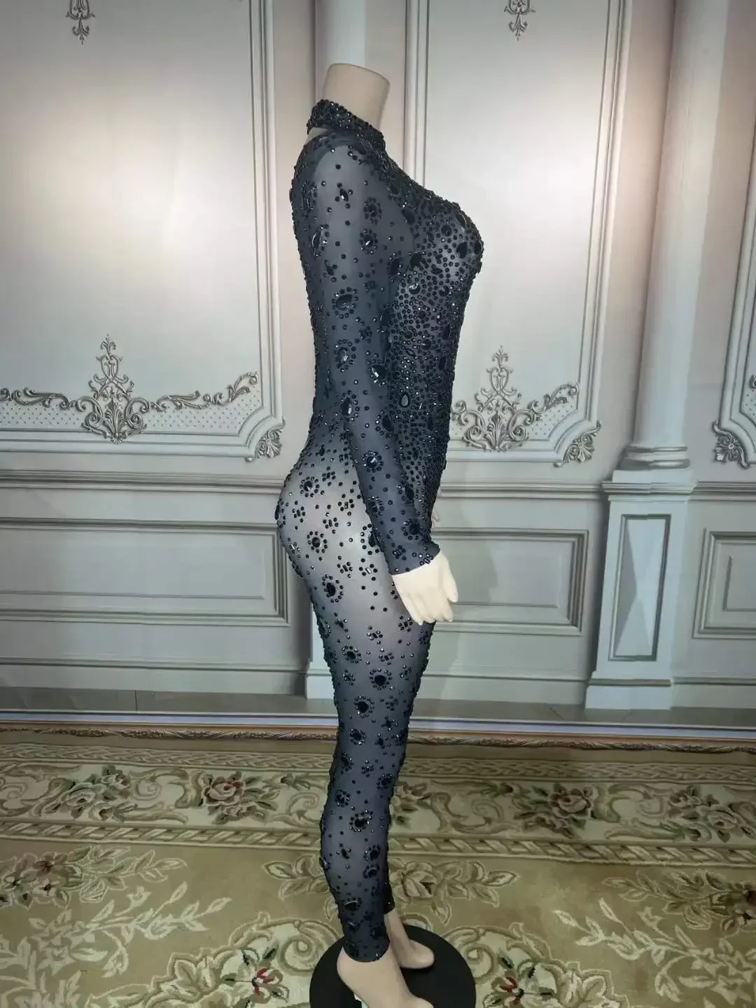 Combinaisons de danse scintillantes à manches longues pour femmes, strass, spectacle sur scène, Drag Queen, tenue d'anniversaire, barboteuse avec pierres précieuses
