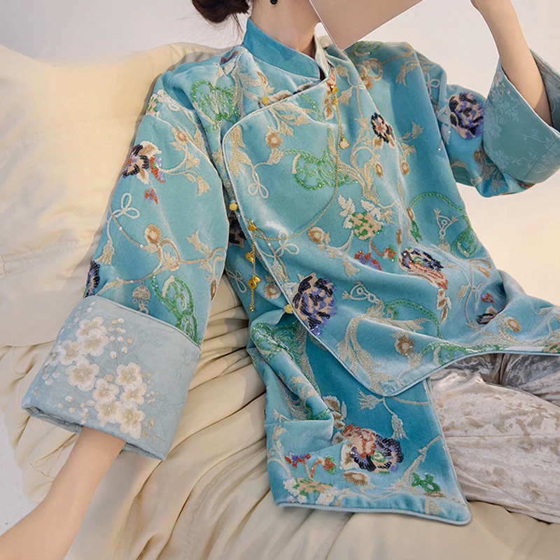 

2026 Spring Autumn New Tang Suit Blouse Women Luxury Sequined Embroider Flower Jacket Ladies Vintage Chinese Style Hanfu Coat