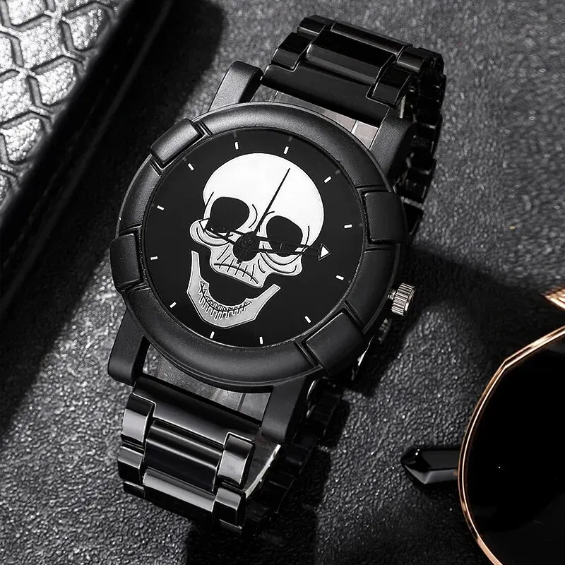 Fashion Mens Luxury Skull Watch Classic Dial Design Stainless Steel Band Business Quartz Wristwatch Casual Sports Men Watch Relo