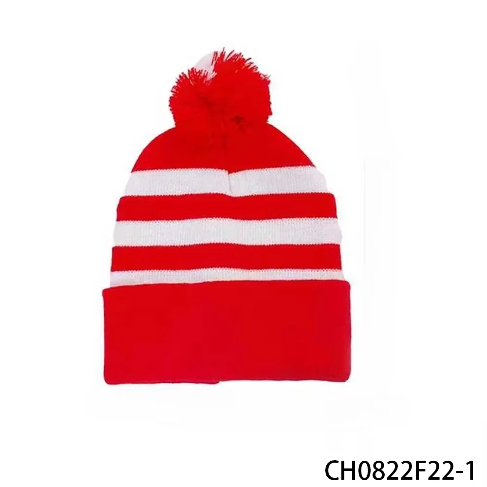 PESENAR Festive Red & White Striped Knit Beanie with Pom Pom - Classic Christmas Winter Accessory