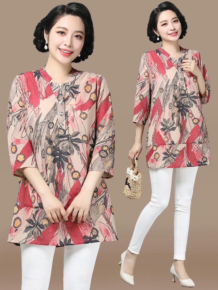 chemisier-leger-d'ete-pour-femmes-d'age-mur-haut-en-mousseline-de-soie-a-manches-trois-quarts-et-col-en-v-coupe-ample-tendance-printemps-automne